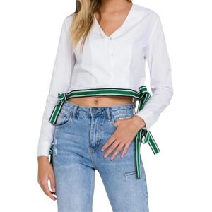 Grey Lab White Side Tie V-Neck Long Sleeve Cropped Cotton Poplin Blouse Size M